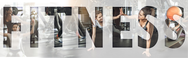Active lifestyle. Collage of young sporty girls working out together at gym with an overlay of the word FITNESS. Panoramic banner header. Sport background