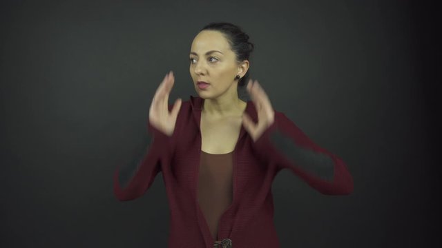 confused lady puts hands on head and breathes deeply