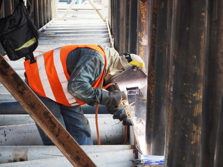 Welding work ,worker with protective welding metal on construction