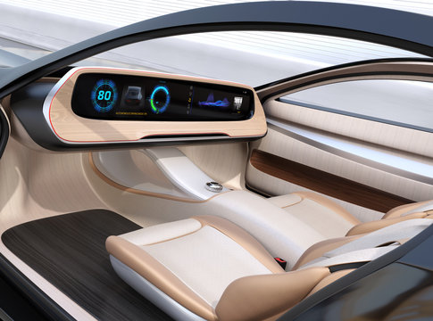 Autonomous electric car without steering and pedals driving on the highway.  Wide digital multimedia screen and icons in generic design. 3D rendering image.