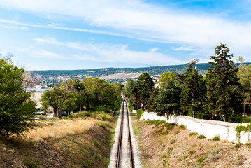 Fototapeta na wymiar Single track railway in Feodosia, Crimea