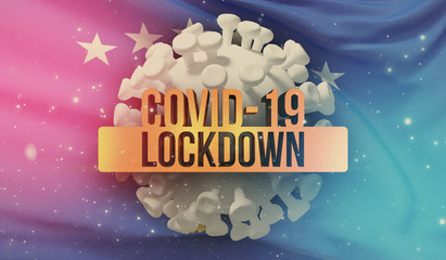 COVID-19 lockdown concept with backgroung of waving national flag of Kosovo. Pandemic 3D illustration.