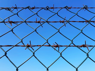 Barbed wire on blue sky background. Macro.