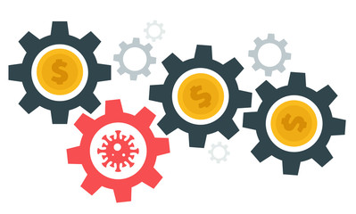 Gear with money and virus. Abstract design concept with world coronavirus pandemic and crisis of global financial business system. Creative minimalistic cartoon composition. Vector illustration.