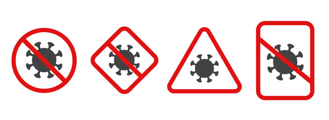 Set of icon, sticker, label or banner with coronavirus outbreak. Minimalistic design for warning information signs covid-19 template composition. Vector elements.