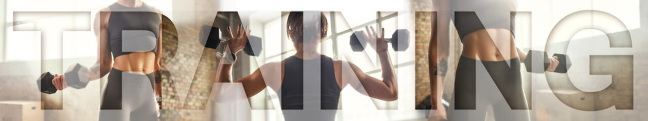 Fototapeta na wymiar Fit people. Collage of young sporty girls doing sport exercises at gym together with an overlay of the word TRAINING. Panoramic banner header. Sport background