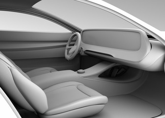 Clay rendering of self-driving electric car's interior. Wide digital multimedia screen. 3D rendering image.