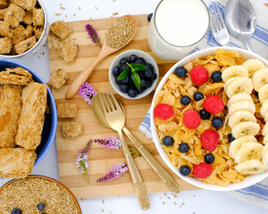 cereal in a white bowl on background. Healthy breakfast concept.