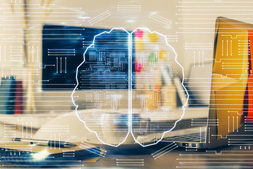 Double exposure of work space with computer and human brain drawing hologram. Brainstorm concept.
