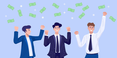 Flat design concept, happy young business people celebrating their success with money flying in the air. Vector