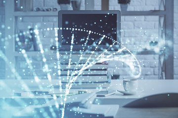 Desktop computer background and DNA drawing. Double exposure. Science concept.