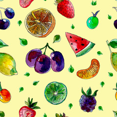 Seamless summer pattern of fresh fruit hand-drawn in watercolor.