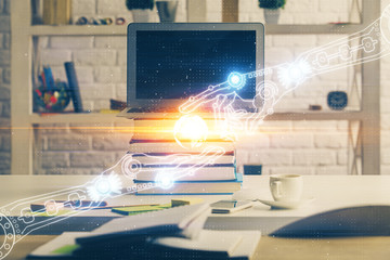 Multi exposure of desktop computer and technology theme hologram. Concept of software development.