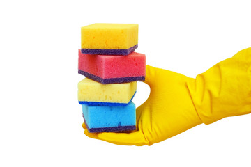 hand in yellow rubber household gloves holds pile of kitchen sponges isolated on white background