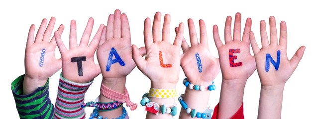 Children Hands Building Colorful German Word Italien Means Italy. White Isolated Background