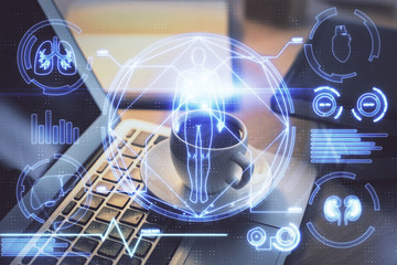 Desktop computer background and education theme drawing. Double exposure. Study concept.