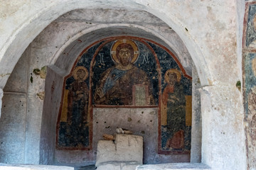 The frescoes of the rock church of Santa Margherita and cave dwellings in Mottola, Taranto, Apulia...