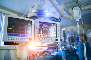Intensive care emergency room with artificial lung ventilation monitor in the intensive care unit....
