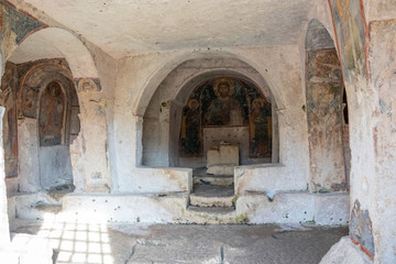 The frescoes of the rock church of Santa Margherita and cave dwellings in Mottola, Taranto, Apulia (Puglia), Italy
