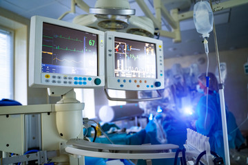 Mechanical ventilation equipment. Pneumonia diagnosing. Ventilation of the lungs with oxygen. COVID-19 and coronavirus identification. Pandemic.