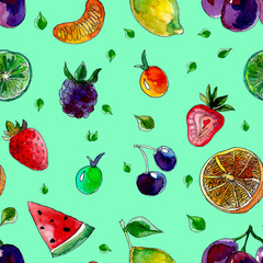 Seamless summer pattern of fresh fruit hand-drawn in watercolor.