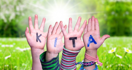 Children Hands Building Colorful German Word KITA Means Kindergarden. Sunny Green Grass Meadow As Background