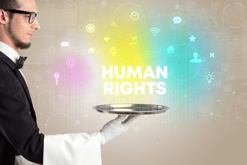 Waiter serving social networking with HUMAN RIGHTS inscription, new media concept