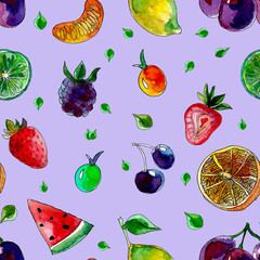 Seamless summer pattern of fresh fruit hand-drawn in watercolor.