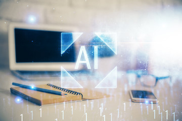 Double exposure of desktop computer and technology theme hologram. Concept of software development.