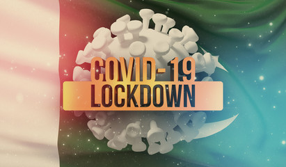 COVID-19 lockdown concept with backgroung of waving national flag of Pakistan. Pandemic 3D illustration.