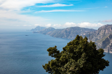 Fototapeta na wymiar Beautiful view of Amalfi coast seen from the Path of the Gods (Sentiero degli Dei) Trekking route from Agerola to Nocelle, Campania, Italy