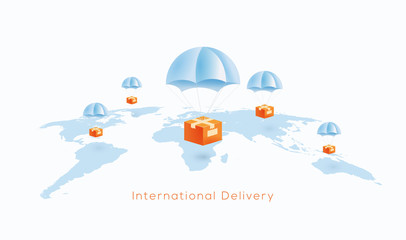 International delivery or world wide shipping concept with package boxes dropping on parachute to world globe map. Vector illustration