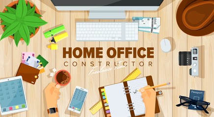 Home office desk. Template design of home office working view from above. Remote work concept illustration. Workplace home mockup.