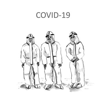 illustration, world quarantine-COVID 19 coronavirus infection, protective masks, protective clothing, covid-19 virus illustration, medical test tubes