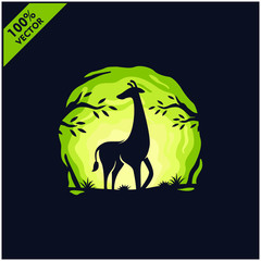 Giraffe with tree and sky background safari logo vector	
