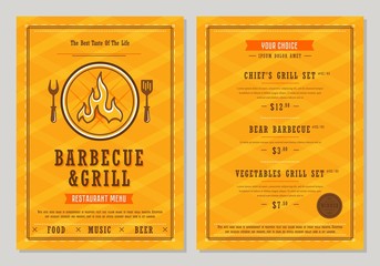 Menu design. Barbecue and grill restaurant menu layout design brochure or food flyer template. BBQ food brochure, cafe template design.