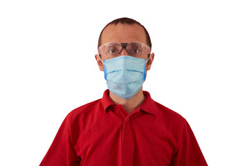 man in medical mask on a white background,young man wearing a red t-shirt with a mask on his face