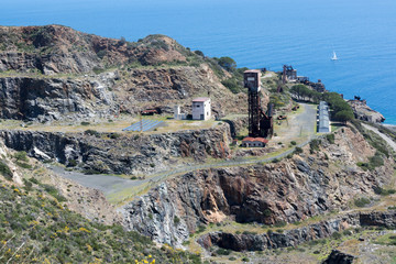 Punta Calamita mines abandoned Building, Old mine remains on Elba island on Tuscan archipelago,...
