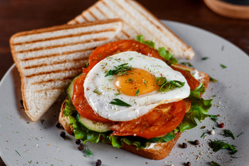 Sandwich club with ham, bacon, tomato stuffing, pickled cucumber, roast egg, cheese, sauce and salad. The sandwich is cut in half into two triangles. Close-up. Dark background