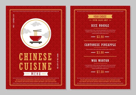 Chinese restaurant menu. Chinese menu layout design brochure or food flyer template. Food brochure, restaurant template design vector illustration.