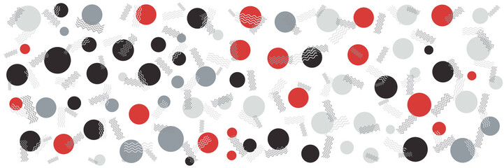 Memphis background for wide banner with dot circle zigzag line pattern. memphis style abstract shapes with geometric triangle and dots. Red and blue, yellow and violet texture made of shapes