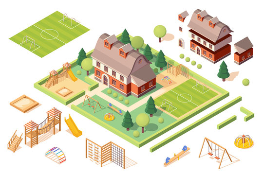 Set Of Isolated Playground Equipments And Kindergarten Or School Building Elements. Isometric Soccer Or Football Pitch, Sandbox Or Sandpit, Carousel And Slide, Swing And Swedish Ladder. Playschool