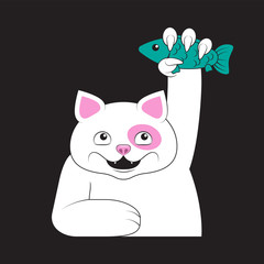 A cat holds a fish in its paw on a black isolated background. Vector image