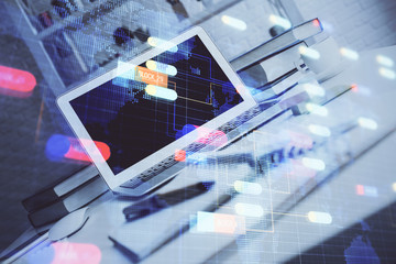 Fototapeta premium Technology theme drawing and work space with computer. Double exposure. Concept of innovation.