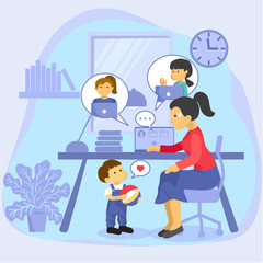 Mother trying to work from home at laptop computer online meeting while her son wants to play with her. Flat vector.