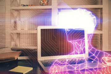 Computer on desktop with AR theme icon. Multi exposure. Concept of augmented reality.