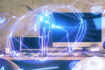 Desktop computer background and education theme drawing. Double exposure. Study concept.