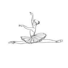 Black and white Ballerina. Dancer in tutu and pointe shoes.Vector Line isolated drawing illustration.Dancer is jumping. logo. 