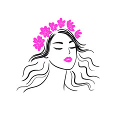 Beautiful young woman with flowers on her head on a white background. Isolated female face with red or pink lips. Girl silhouette with a wreath of flowers.Vector stock illustration.