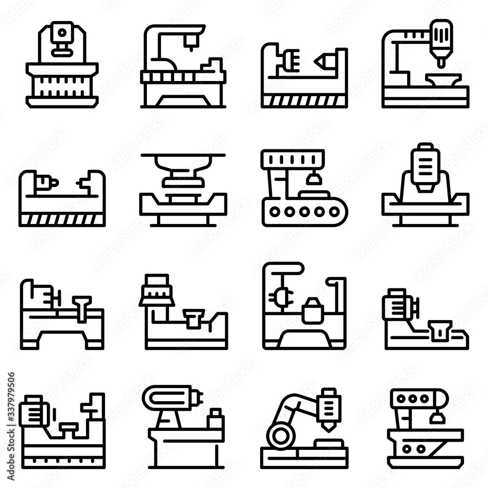 Poster lathe icons set. outline set of lathe vector icons for web design isolated on white background